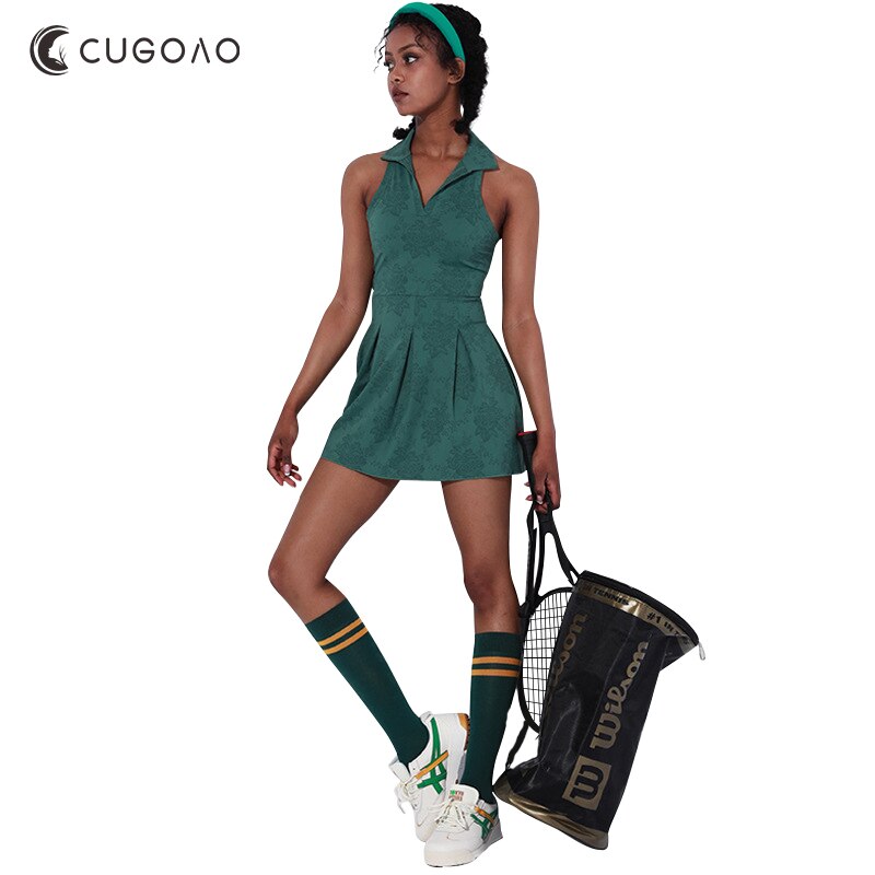 CUGOAO-꽃 프린트 테니스 드레스 반바지 없음, 민소매 v넥 골프 배드민턴 드레스 여성용 야외 스포츠웨어